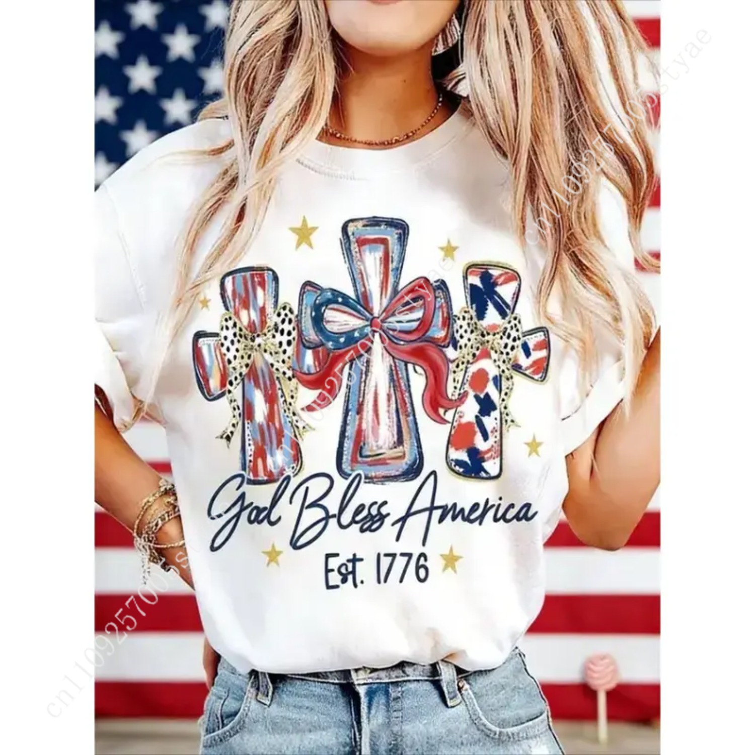 Quilt Cotton Summer - God Bless America Women T-shirt 250
